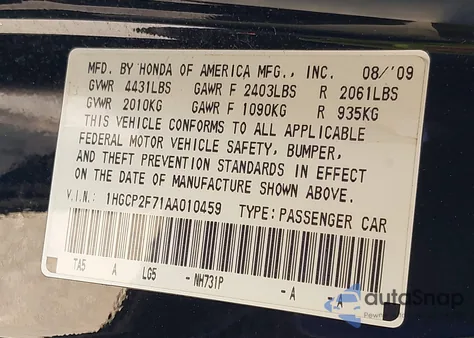 2010 Honda Accord 2.4 Ex from USA, damaged, VIN 1HGCP2F71AA010459